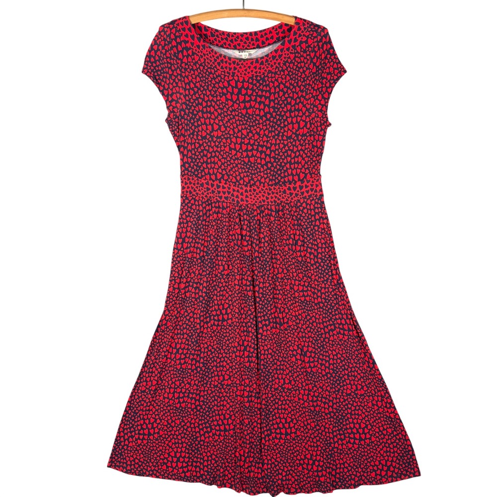 Boden Melanie Jersey Midi Dress Red Navy Heart Print Cap Sleeve US 10R Romantic